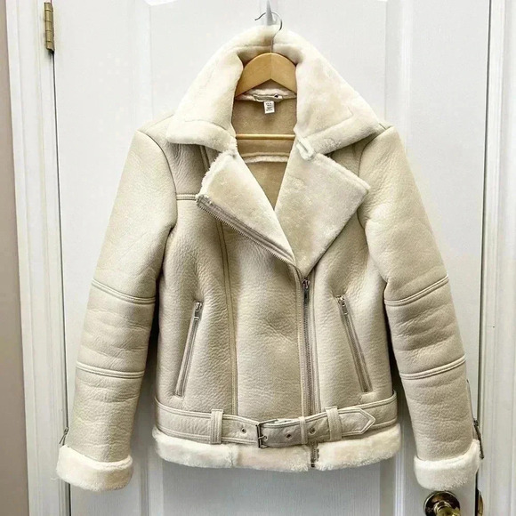 Topshop Cora Faux Shearling Moto Aviator Biker Jacket Cream Ecru Size 4 NWOT - Picture 3 of 16